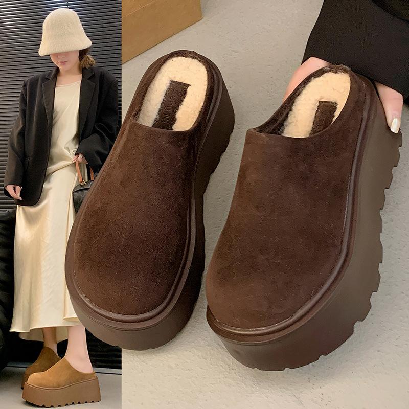 2024 New Women's Thick-Soled Half-Slip Shoes with Cozy Lining for Autumn Winter – Stylish Brown Closed-Toe Footwear for Everyday Wear