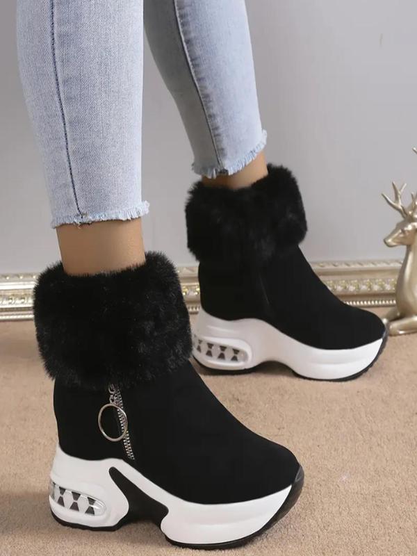 Women's Fashionable Solid Color Zipper Platform Ankle Boots, Casual Warm Fluffy Plush Boots for Fall & Winter, Female All-match Trendy Shoes for Daily Wear, Boots for Women, Platform Boots