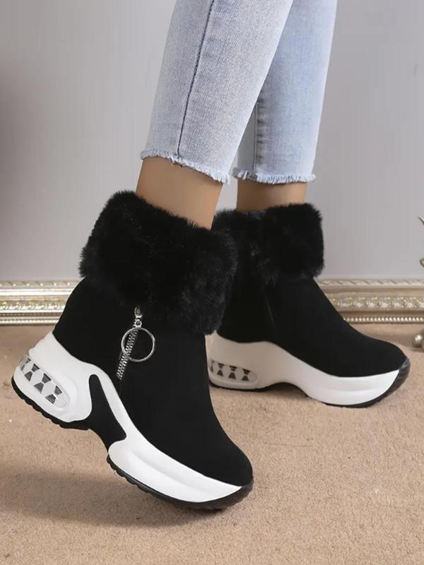 Women's Fashionable Solid Color Zipper Platform Ankle Boots, Casual Warm Fluffy Plush Boots for Fall & Winter, Female All-match Trendy Shoes for Daily Wear, Boots for Women, Platform Boots