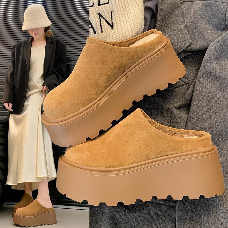 2024 New Women's Thick-Soled Half-Slip Shoes with Cozy Lining for Autumn Winter – Stylish Brown Closed-Toe Footwear for Everyday Wear