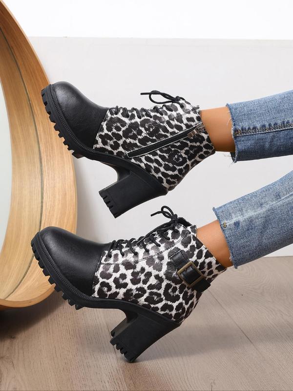 Fashion Leopard Print Lace Up Ankle Boots, 2024 New Style Casual Comfortable Round Toe Boots for Daily Wear, Female All-match Trend Shoes for Daily Wear