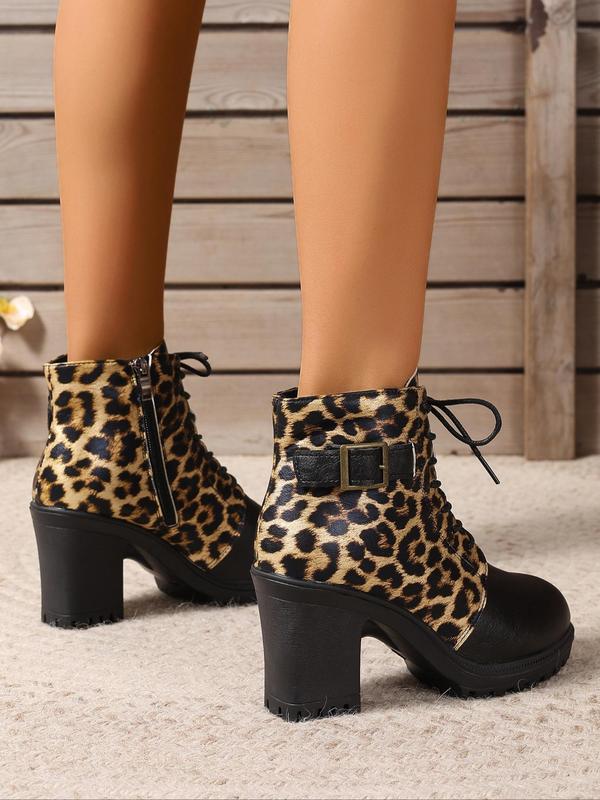 Fashion Leopard Print Lace Up Ankle Boots, 2024 New Style Casual Comfortable Round Toe Boots for Daily Wear, Female All-match Trend Shoes for Daily Wear