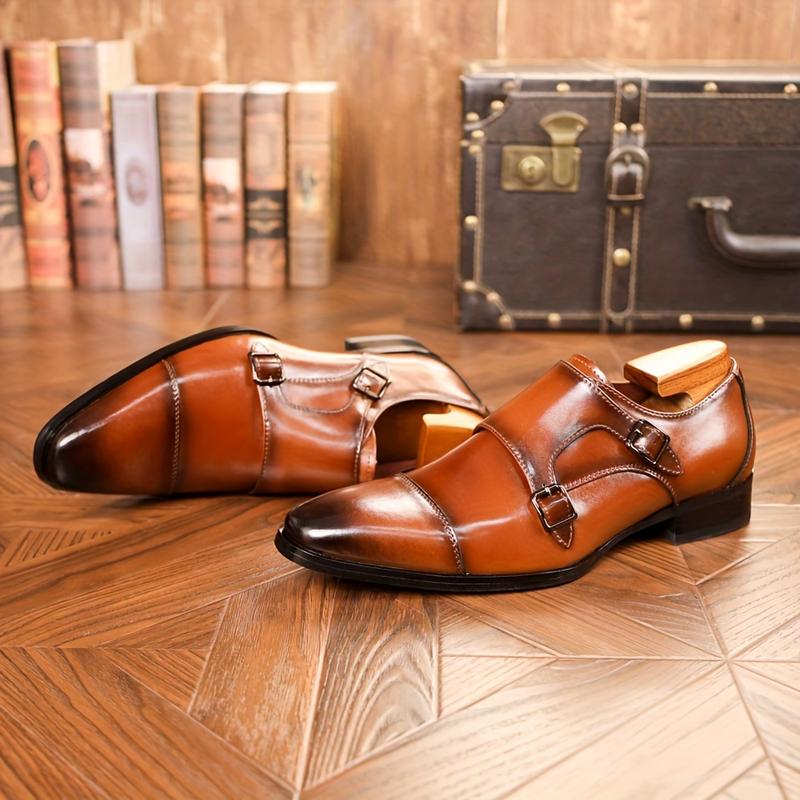 Men's Double Buckle Pumps, with Layered Leather Upper, Breathable and Wearable, Suitable for Business Office, Wedding Party Wear