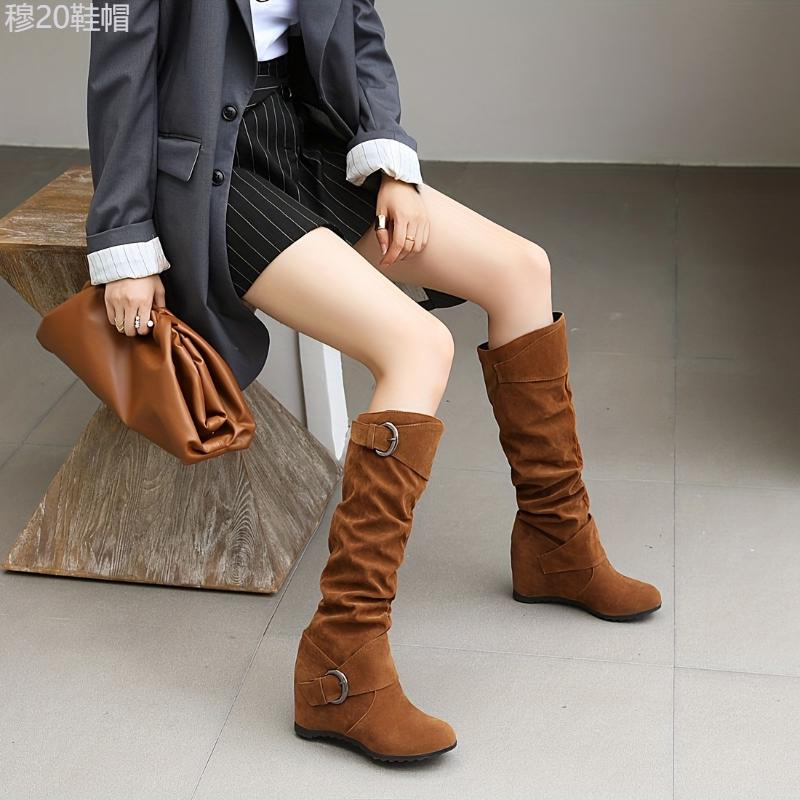 Women's Wedge Knee High Boots - Women, especially those who value comfort and style in casual, all-season wear. - Rubber, Solid color, Slip-on, Comfort, Fabric - Suitable for Winter, Formal Events, Cold Weather Girl Walking Shoes Footwear Platform Insole