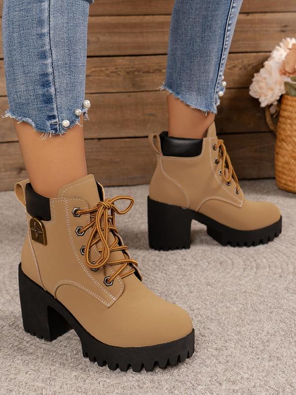 Women's Fashionable Solid Color Lace Up  Boots, Casual Comfortable Round Toe Boots for Daily Wear, Female All-match Trend Shoes for Daily Wear