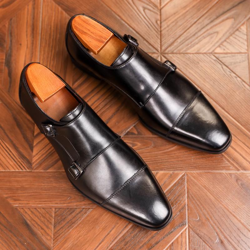 Men's Double Buckle Pumps, with Layered Leather Upper, Breathable and Wearable, Suitable for Business Office, Wedding Party Wear