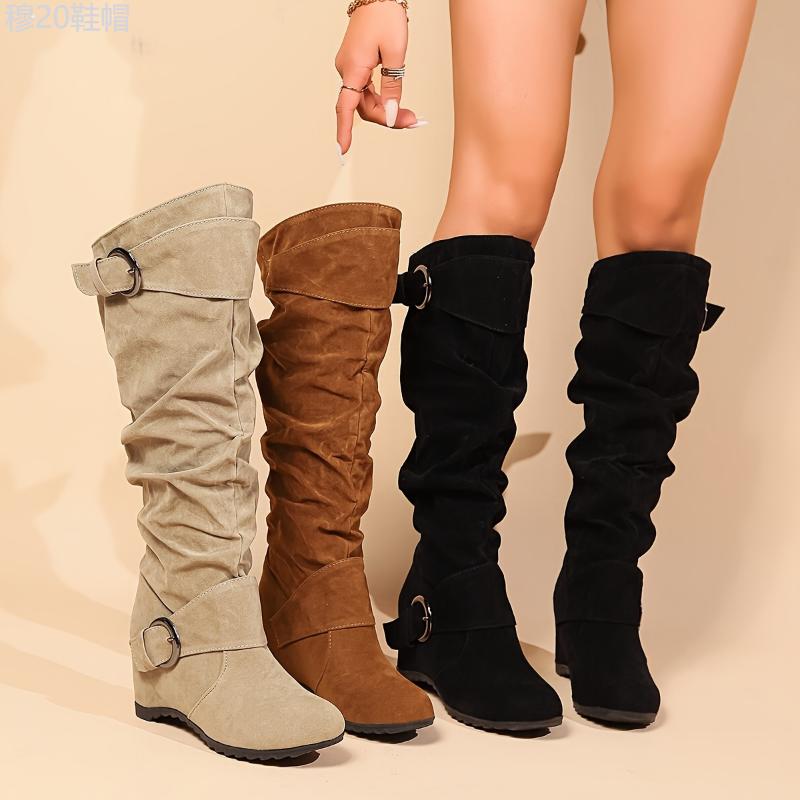 Women's Wedge Knee High Boots - Women, especially those who value comfort and style in casual, all-season wear. - Rubber, Solid color, Slip-on, Comfort, Fabric - Suitable for Winter, Formal Events, Cold Weather Girl Walking Shoes Footwear Platform Insole