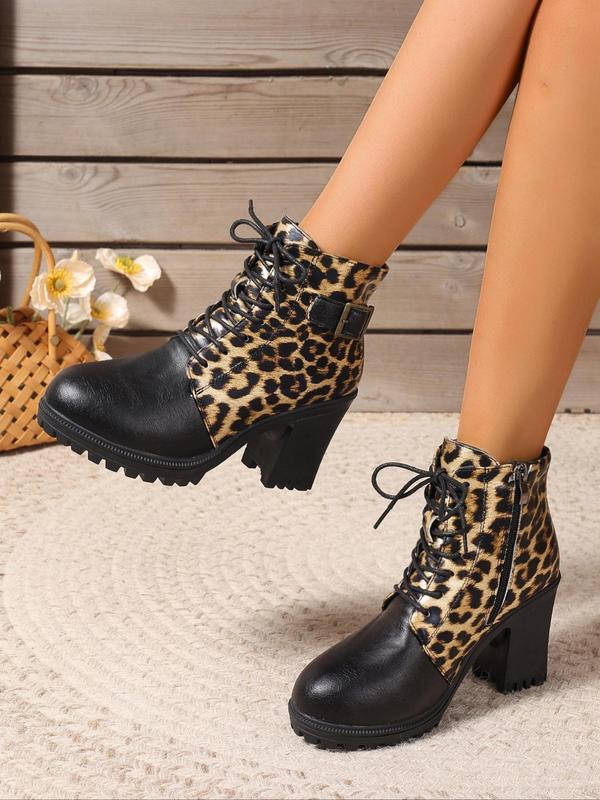 Fashion Leopard Print Lace Up Ankle Boots, 2024 New Style Casual Comfortable Round Toe Boots for Daily Wear, Female All-match Trend Shoes for Daily Wear