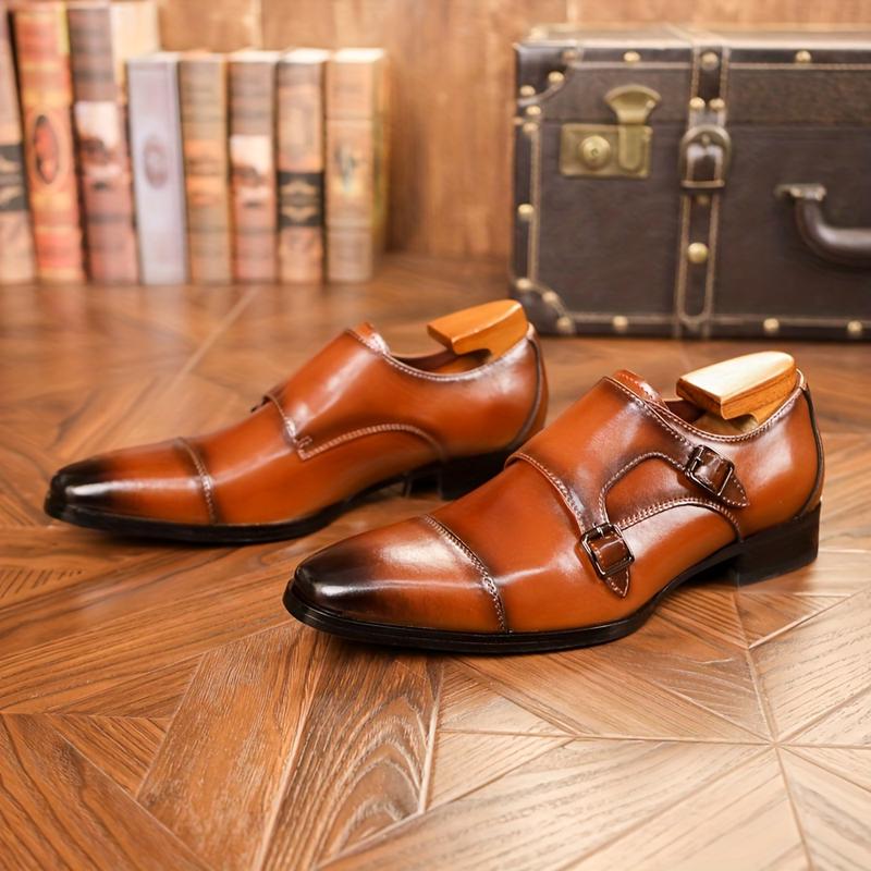 Men's Double Buckle Pumps, with Layered Leather Upper, Breathable and Wearable, Suitable for Business Office, Wedding Party Wear