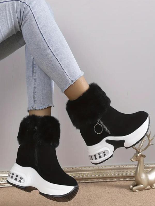 Women's Fashionable Solid Color Zipper Platform Ankle Boots, Casual Warm Fluffy Plush Boots for Fall & Winter, Female All-match Trendy Shoes for Daily Wear, Boots for Women, Platform Boots