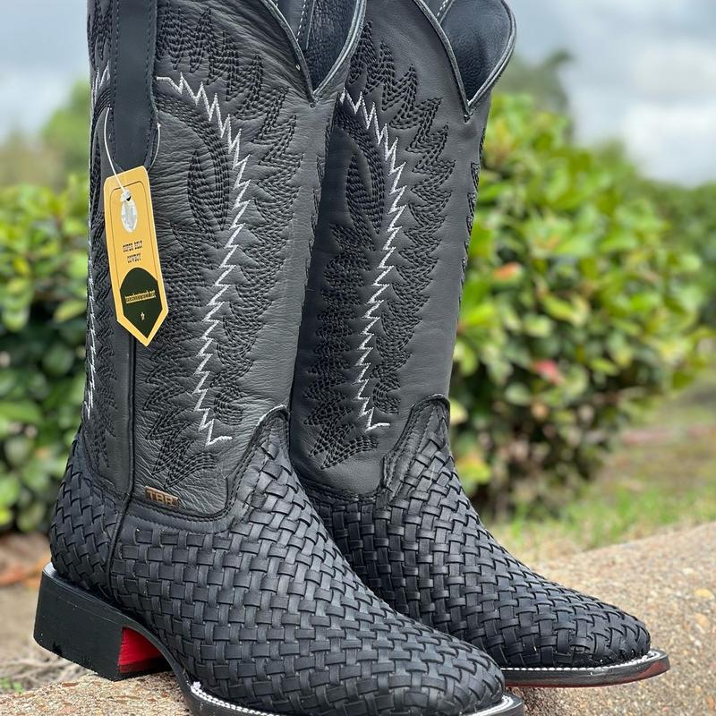 MENS BLACK BASKETWEAVE WESTERN BOOTS WITH RED BOTTOM