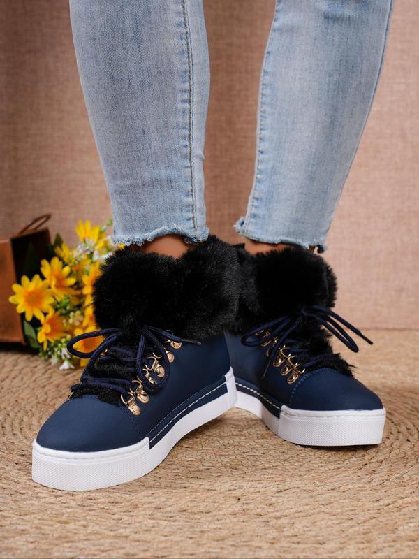 Women's Solid Color Lace Up High Top Platform Sneakers, Casual Comfortable Warm High Top Sneakers for Fall & Winter, Female All-match Round Toe Shoes for Daily Wear