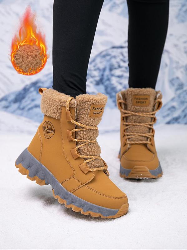 Women's Fashionable Lace Up Front Contrast Faux Fur Snow Boots, Casual Warm Ankle Boots for Winter, Female All-match Round Toe Shoes for Daily Wear