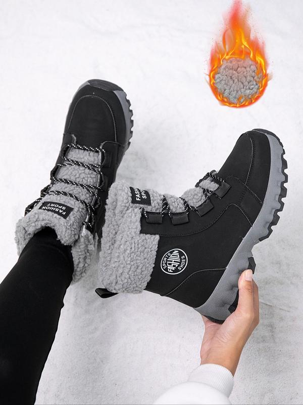 Women's Fashionable Lace Up Front Contrast Faux Fur Snow Boots, Casual Warm Ankle Boots for Winter, Female All-match Round Toe Shoes for Daily Wear