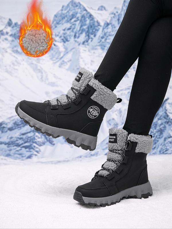 Women's Fashionable Lace Up Front Contrast Faux Fur Snow Boots, Casual Warm Ankle Boots for Winter, Female All-match Round Toe Shoes for Daily Wear