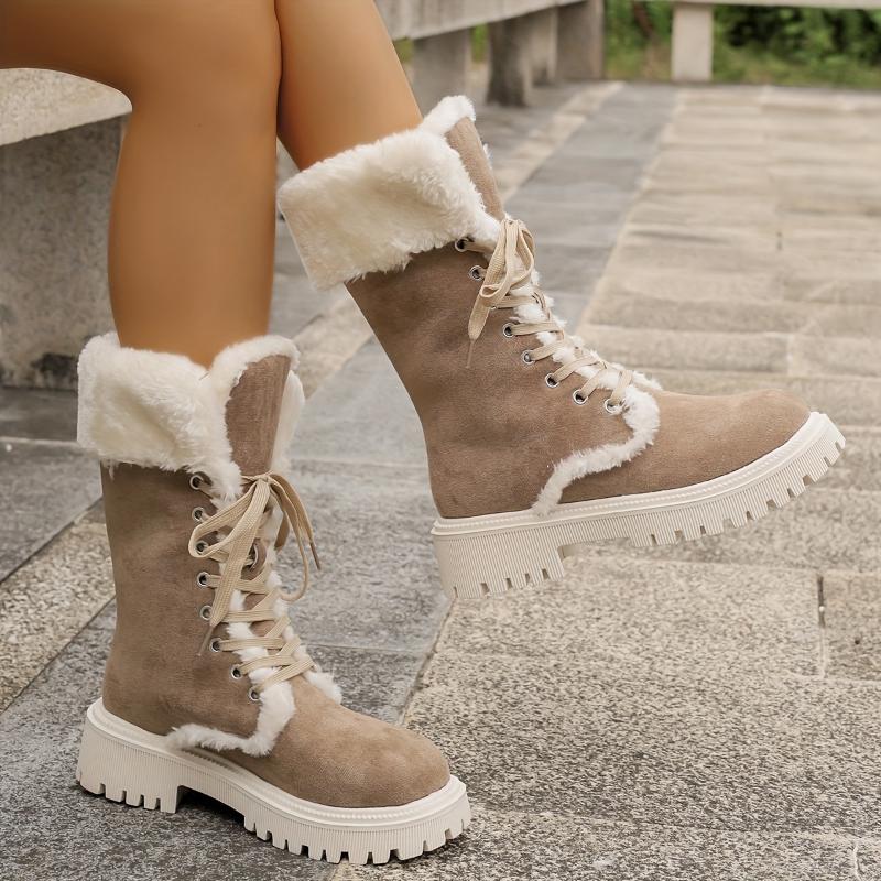 Women's Fashion Winter Snow Boots - Cozy Plush Lined, Thick Sole Mid-Calf Boots with Lace-Up Closure Girl Walking Shoes