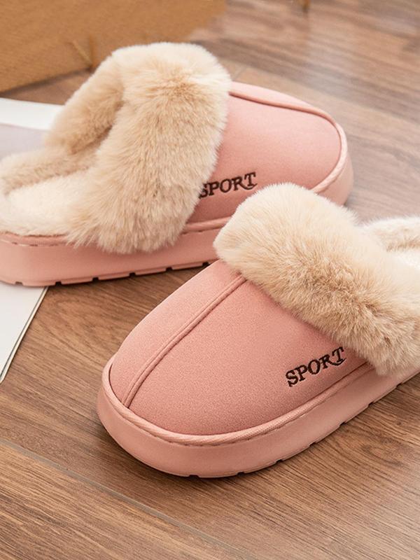 Women's Solid Color Contrast Faux Fur Slippers, Casual Soft Comfortable Home Slippers, Warm Slippers for Indoor & Outdoor Use for Fall & Winter