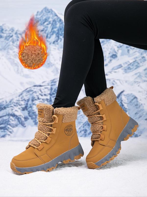 Women's Fashionable Lace Up Front Contrast Faux Fur Snow Boots, Casual Warm Ankle Boots for Winter, Female All-match Round Toe Shoes for Daily Wear