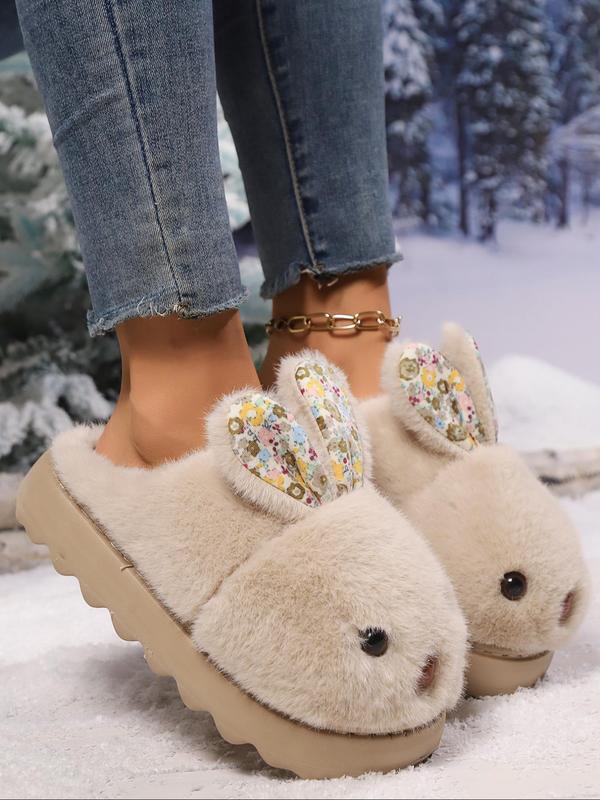 Women's Cute Rabbit Ear Design Plush Slippers, Casual Soft Comfortable Home Slippers, Warm Slippers for Indoor & Outdoor Use for Fall & Winter