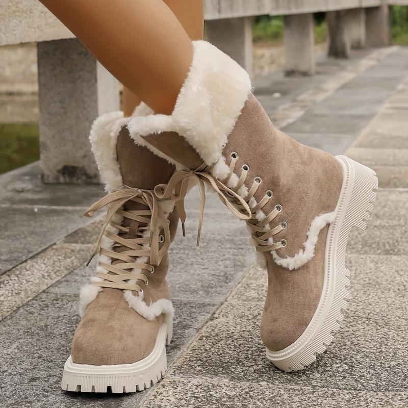 Women's Fashion Winter Snow Boots - Cozy Plush Lined, Thick Sole Mid-Calf Boots with Lace-Up Closure Girl Walking Shoes