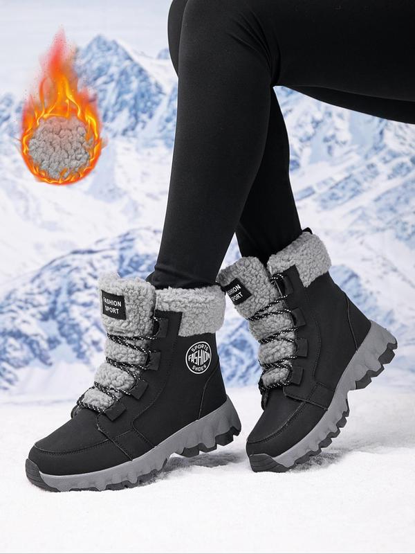 Women's Fashionable Lace Up Front Contrast Faux Fur Snow Boots, Casual Warm Ankle Boots for Winter, Female All-match Round Toe Shoes for Daily Wear