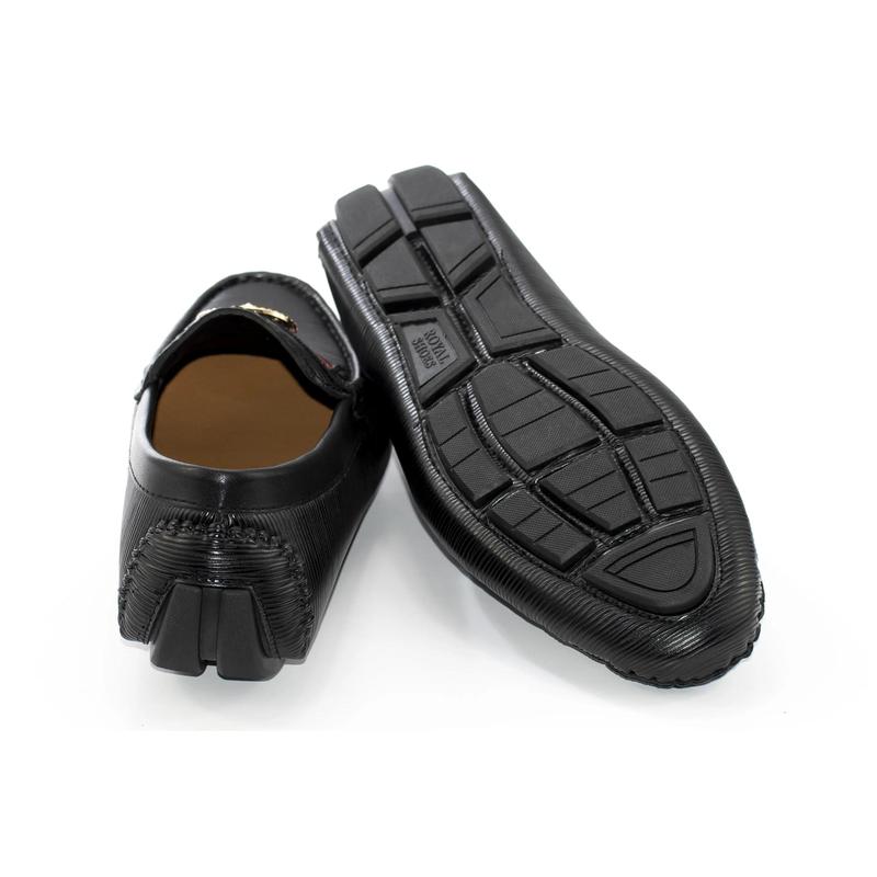 Black Textured Designer Medallion Driver Loafer