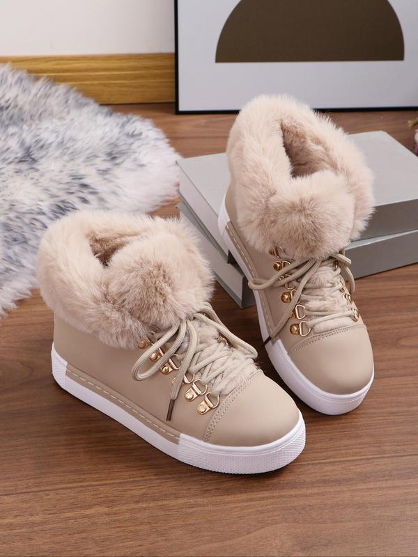 Women's Solid Color Lace Up High Top Platform Sneakers, Casual Comfortable Warm High Top Sneakers for Fall & Winter, Female All-match Round Toe Shoes for Daily Wear