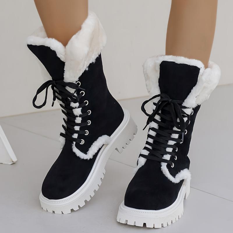 Women's Fashion Winter Snow Boots - Cozy Plush Lined, Thick Sole Mid-Calf Boots with Lace-Up Closure Girl Walking Shoes