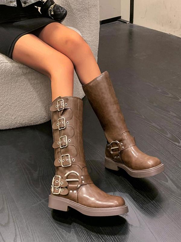 Women's Fashion Studded Decor Grommet Eyelet Buckle Design Boots, Punk Style Round Toe Knee High Walking Shoes Footwear for Daily Wear, Female All-match Trendy Shoes for Daily Wear Thigh High Boots