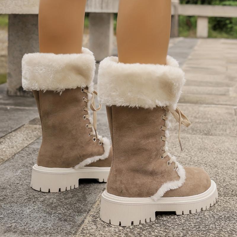 Women's Fashion Winter Snow Boots - Cozy Plush Lined, Thick Sole Mid-Calf Boots with Lace-Up Closure Girl Walking Shoes