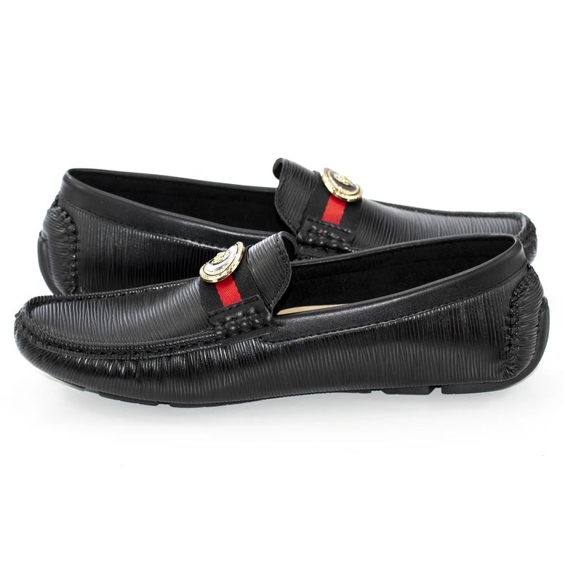 Black Textured Designer Medallion Driver Loafer