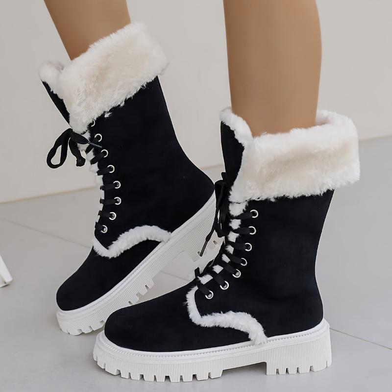 Women's Fashion Winter Snow Boots - Cozy Plush Lined, Thick Sole Mid-Calf Boots with Lace-Up Closure Girl Walking Shoes