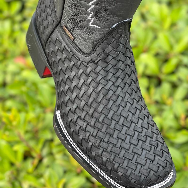 MENS BLACK BASKETWEAVE WESTERN BOOTS WITH RED BOTTOM