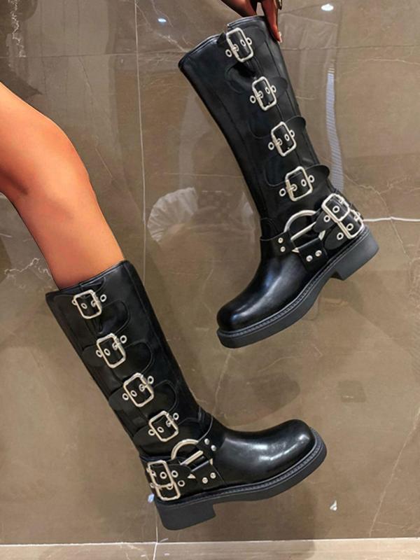 Women's Fashion Studded Decor Grommet Eyelet Buckle Design Boots, Punk Style Round Toe Knee High Walking Shoes Footwear for Daily Wear, Female All-match Trendy Shoes for Daily Wear Thigh High Boots