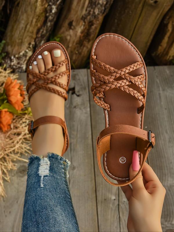 Women's Fashionable Plain Color Braid Design Cross Strap Flat Sandals, Casual Open Toe Sandals for Beach Vacation, Lightweight Comfortable Shoes for Daily Wear