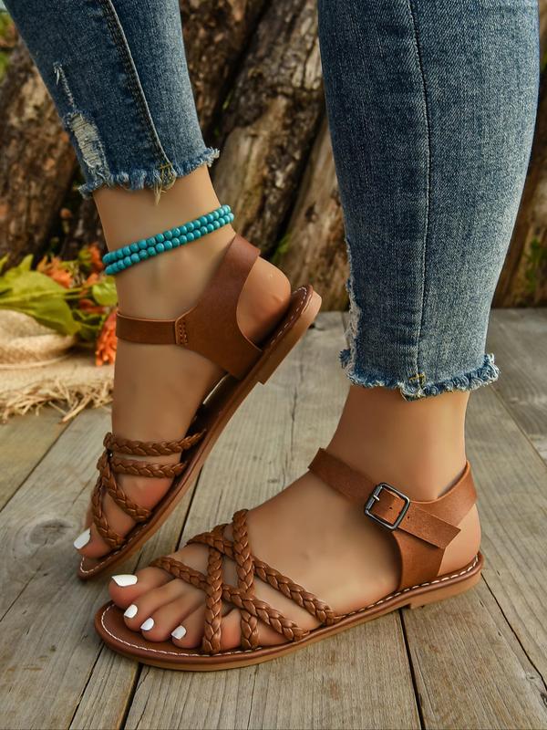 Women's Fashionable Plain Color Braid Design Cross Strap Flat Sandals, Casual Open Toe Sandals for Beach Vacation, Lightweight Comfortable Shoes for Daily Wear