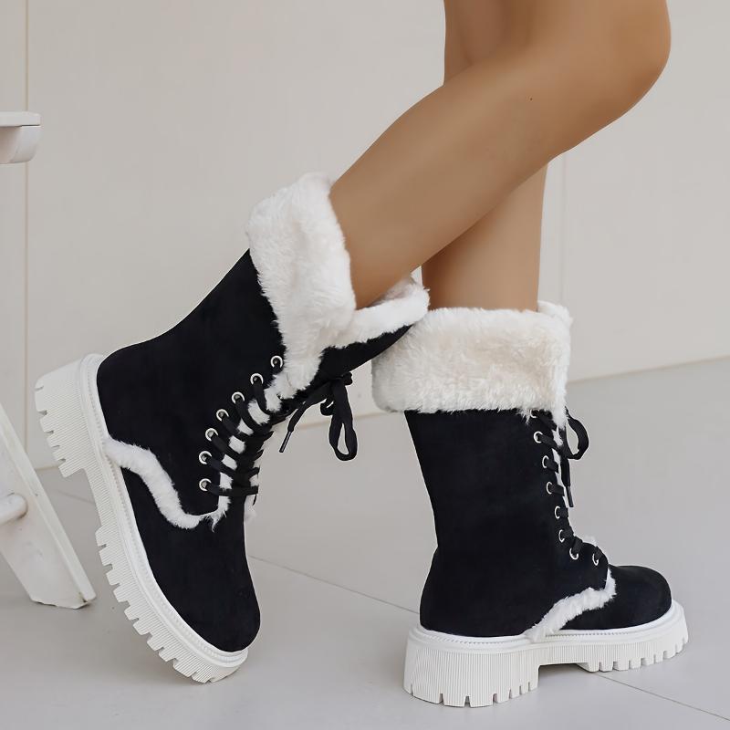 Women's Fashion Winter Snow Boots - Cozy Plush Lined, Thick Sole Mid-Calf Boots with Lace-Up Closure Girl Walking Shoes