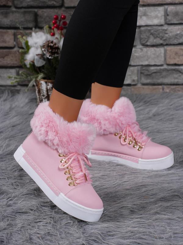 Women's Solid Color Lace Up High Top Platform Sneakers, Casual Comfortable Warm High Top Sneakers for Fall & Winter, Female All-match Round Toe Shoes for Daily Wear