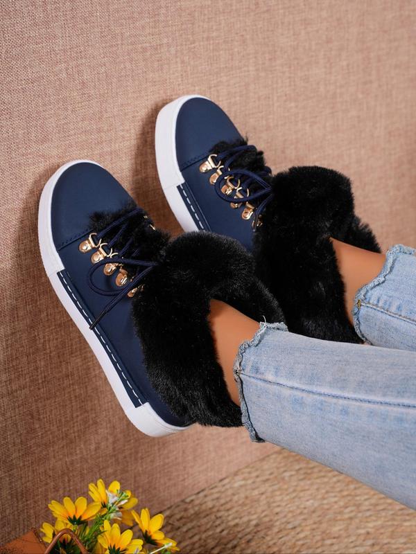 Women's Solid Color Lace Up High Top Platform Sneakers, Casual Comfortable Warm High Top Sneakers for Fall & Winter, Female All-match Round Toe Shoes for Daily Wear