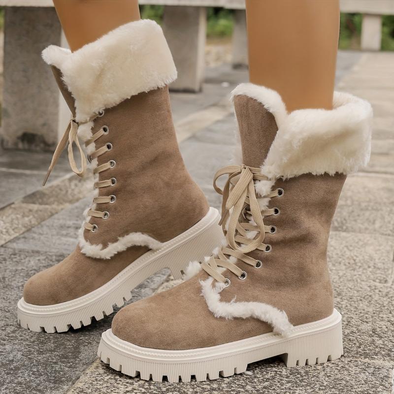 Women's Fashion Winter Snow Boots - Cozy Plush Lined, Thick Sole Mid-Calf Boots with Lace-Up Closure Girl Walking Shoes