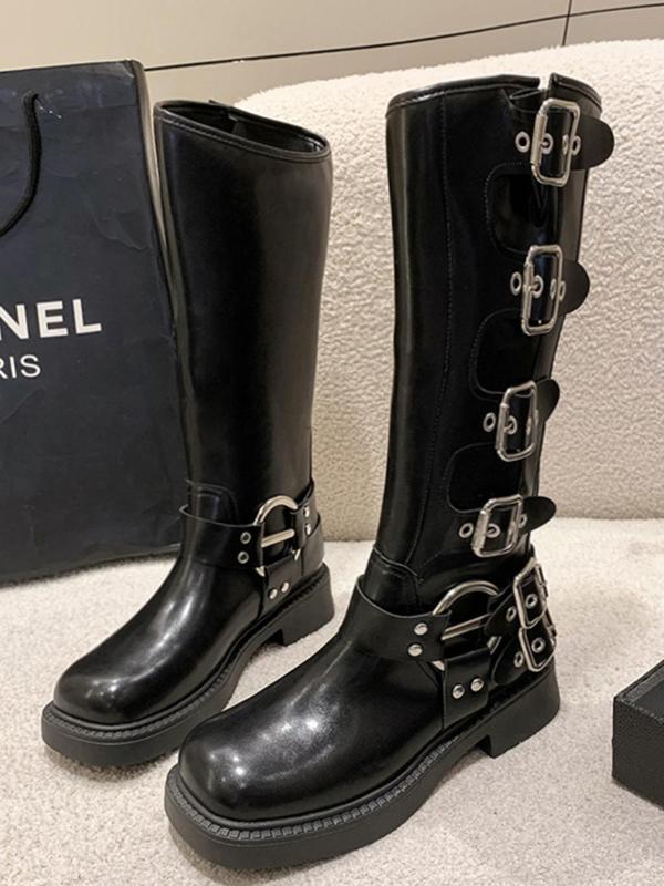 Women's Fashion Studded Decor Grommet Eyelet Buckle Design Boots, Punk Style Round Toe Knee High Walking Shoes Footwear for Daily Wear, Female All-match Trendy Shoes for Daily Wear Thigh High Boots