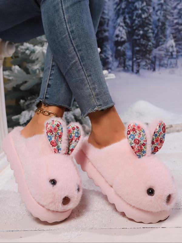 Women's Cute Rabbit Ear Design Plush Slippers, Casual Soft Comfortable Home Slippers, Warm Slippers for Indoor & Outdoor Use for Fall & Winter