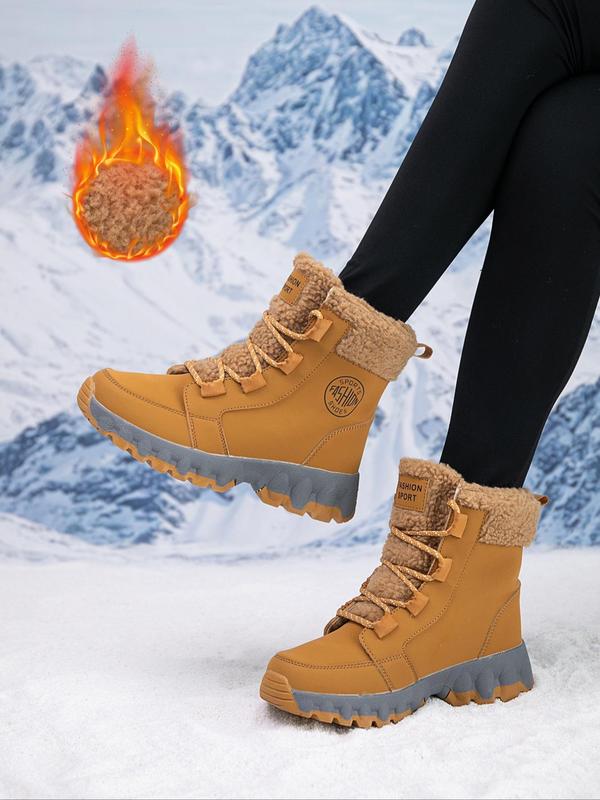 Women's Fashionable Lace Up Front Contrast Faux Fur Snow Boots, Casual Warm Ankle Boots for Winter, Female All-match Round Toe Shoes for Daily Wear