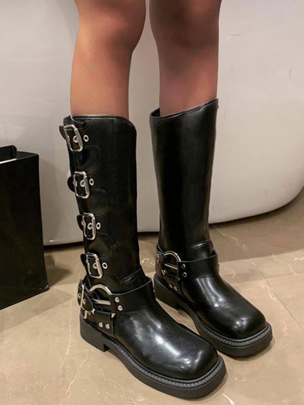 Women's Fashion Studded Decor Grommet Eyelet Buckle Design Boots, Punk Style Round Toe Knee High Walking Shoes Footwear for Daily Wear, Female All-match Trendy Shoes for Daily Wear Thigh High Boots