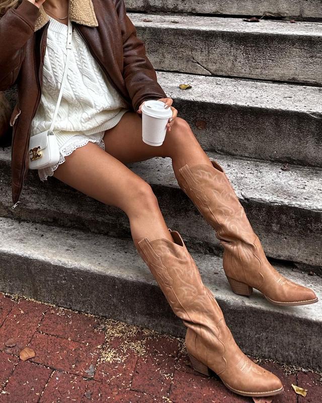 Cowboy Boots for Women Cowgirl Boots Embroidered Knee-High Western Boots Pointy Toe with Chunky Heel Shoe Footwear Classic Comfort Stylish Boots