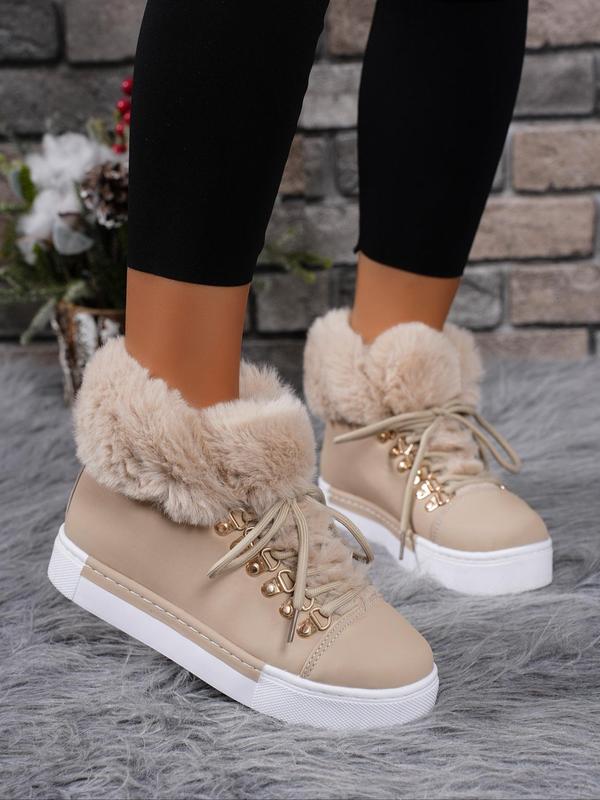 Women's Solid Color Lace Up High Top Platform Sneakers, Casual Comfortable Warm High Top Sneakers for Fall & Winter, Female All-match Round Toe Shoes for Daily Wear