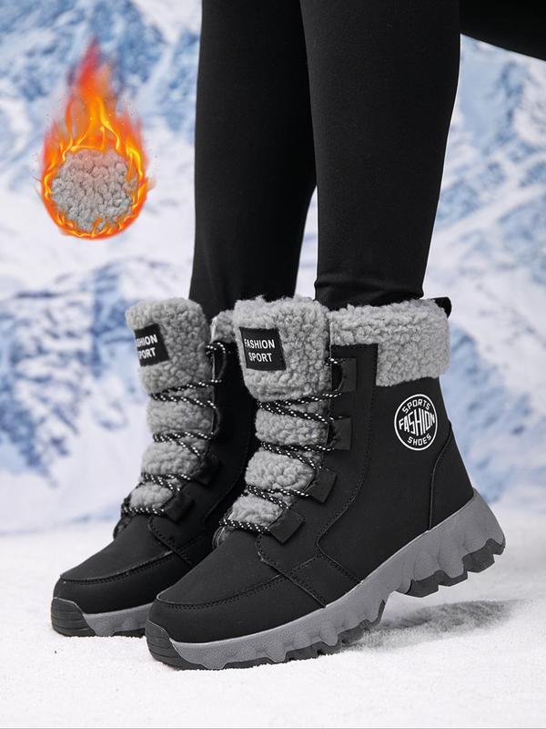 Women's Fashionable Lace Up Front Contrast Faux Fur Snow Boots, Casual Warm Ankle Boots for Winter, Female All-match Round Toe Shoes for Daily Wear