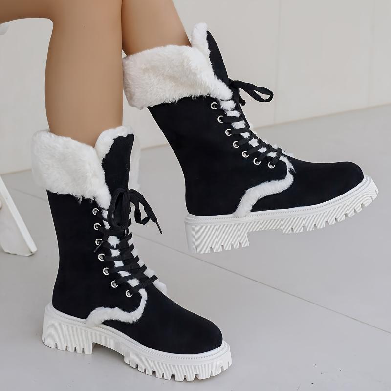 Women's Fashion Winter Snow Boots - Cozy Plush Lined, Thick Sole Mid-Calf Boots with Lace-Up Closure Girl Walking Shoes