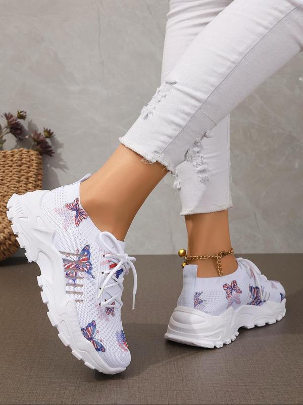 Women's Fashionable Butterfly Pattern Lace Up Low Top Sneakers, 2024 New Style Casual Comfortable Breathable Sports Running Shoes, All-match Round Toe Shoes for Daily Wear