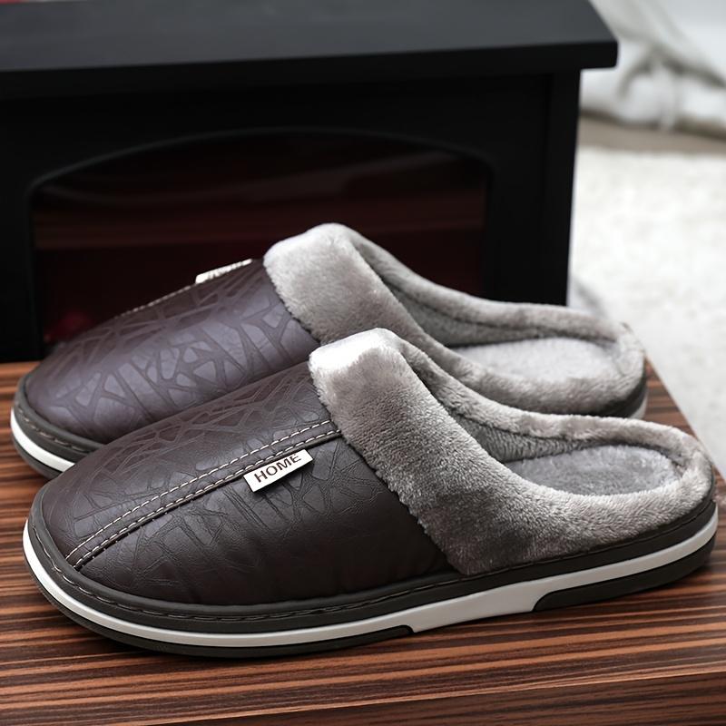 1 Pair Men's plus Size Indoor Slippers-Waterproof, Soft and Comfortable Winter Couple Slippers, Business Style, Solid Pattern, round Toe, Artificial Leather Upper Layer, Textile Lining, TPU Sole, Suitable for Daily and Leisure Indoor Use